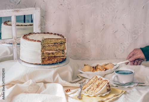 Cake and steaming hot coffee