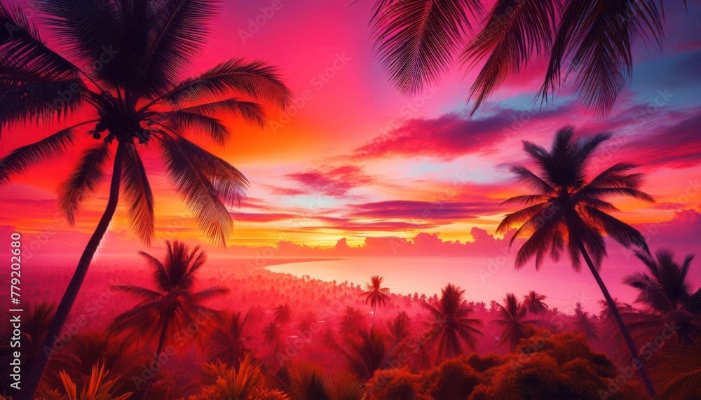 Tropical sea sunset on beach with Palm Trees Silhouettes panorama