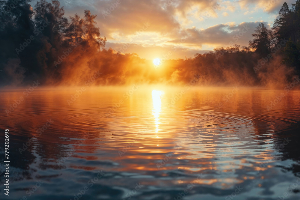 The sun is setting over a lake, creating a beautiful and serene atmosphere