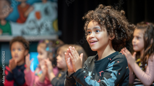 Mixed race child clapping enthusiastically in front of a stage during a performance
