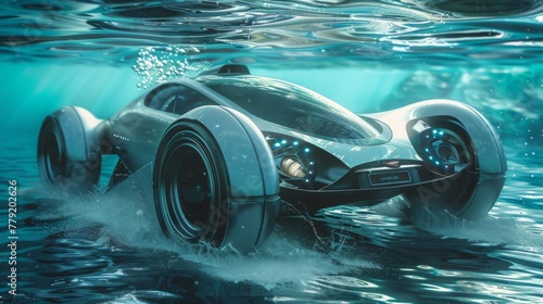 Futuristic Car Gliding on Water Surface at Twilight