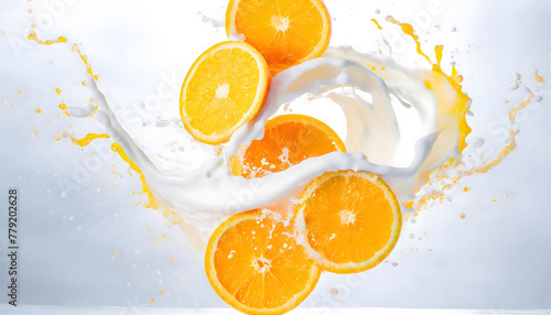 Visual Representation of the Moment a Falling Orange Collides with Water and Milk, Transformed into an Artistic Scene. Slices and Splashes.