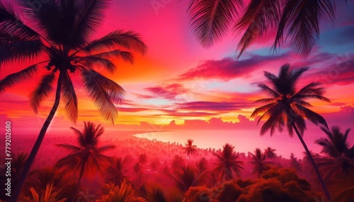 Tropical sea sunset on beach with Palm Trees Silhouettes panorama © printartist