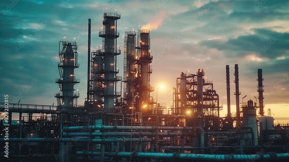 Industrial Landscape Photography, Twilight Glow over Oil Refinery Complex