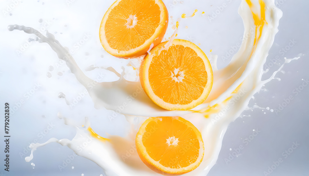Visual Representation of the Moment a Falling Orange Collides with Water and Milk, Transformed into an Artistic Scene. Slices and Splashes. Visual Representation of the Moment a Falling Orange Collides with Water and Milk, Transformed into an Artistic Scene. Slices and Splashes.