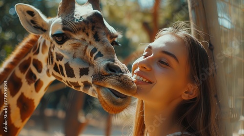 A young, beautiful woman feeds a giraffe at the zoo, enjoying a unique animal encounter © yganko