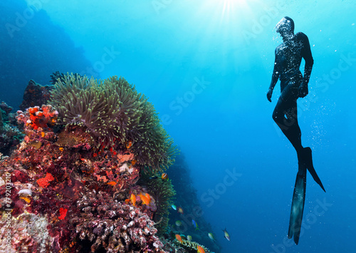 Silhouette of free diver exploring coral reef.