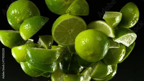 Falling ripe lime slices isolated on black background.