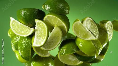Falling ripe lime slices isolated on green background.