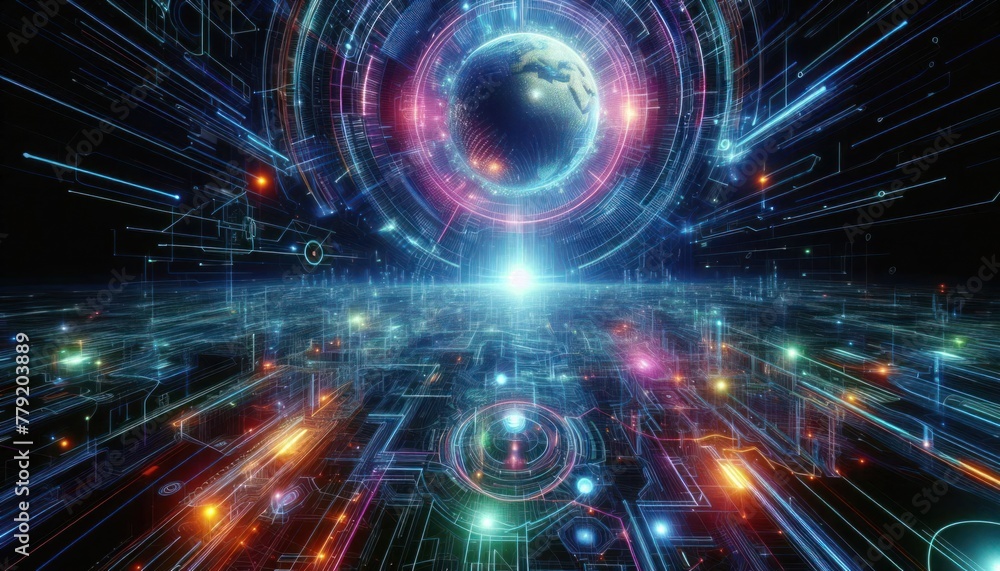 cybernetic world with glowing neon lines and geometric shapes, Digital technology abstract background cybernetic world with glowing neon lines and geometric shapes, Digital technology abstract background
