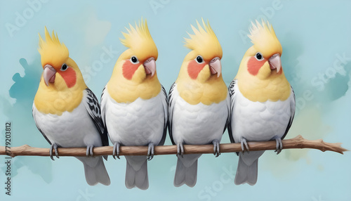 Row of colorful cockatiels sitting on branch illustration.