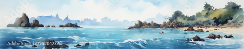 A panoramic watercolor illustration of a serene seascape with rocky outcrops and a distant city skyline. photo