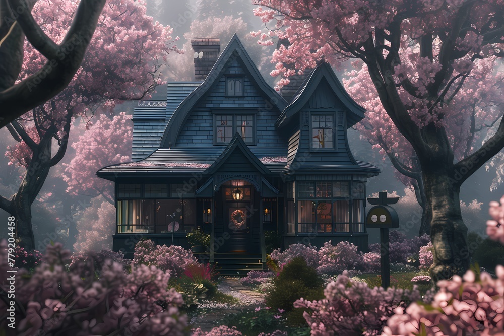 A craftsman house with a dark exterior, surrounded by blooming cherry blossom trees in a springtime paradise. A craftsman house with a dark exterior, surrounded by blooming cherry blossom trees in a springtime paradise.