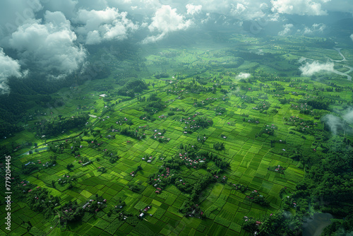 A patchwork landscape dotted with farms, villages, and cities, each with its own unique character. Concept of geographic diversity and human settlement. Generative Ai. © Sebastian