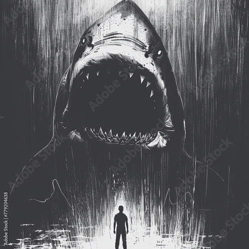 A man stands in front of an unrealistically huge shark with its toothy mouth open. The painting is in black and white. Illustration for cover, card, interior design, poster, brochure or presentation. photo