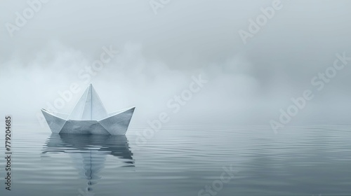 A paper boat peacefully glides on calm waters  embraced by mist  against a pristine white backdrop.