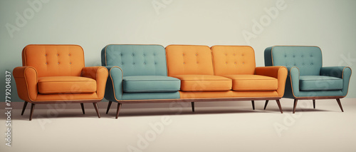 Retro colorful sofa and armchairs on isolated background