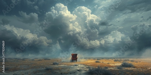 An isolated chair stands defiantly in the desert as ominous storm clouds loom overhead against a stark white backdrop.