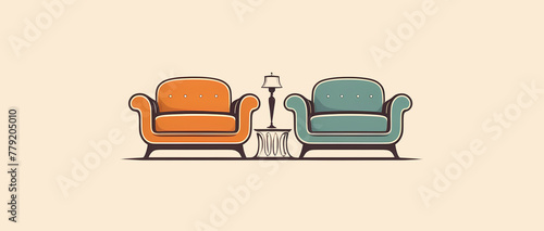Retro orange and blue armchair drawing on isolated background