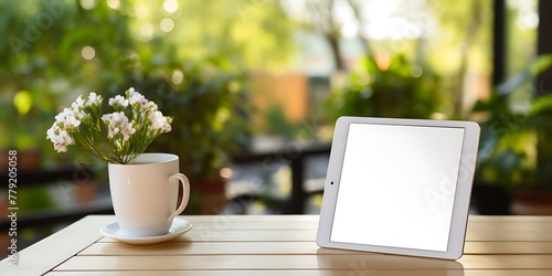 Tablet pc with blank screen and flower on wooden table in coffee shop