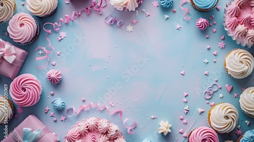 Pastel pink blue colors frame with free place for text made from lot of birthday cupcakes, candles, gift boxes. Gender reveal, it is a boy or girl concept. Generative ai