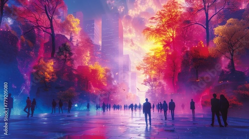 People walking on the street in a foggy city, 3d rendering