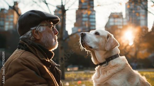 Blind handicapped old man and trained guide dog golden retriever on street outside city background. Generative ai photo