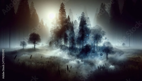 mystical forest with abstract shapes representing trees and wildlife © printartist