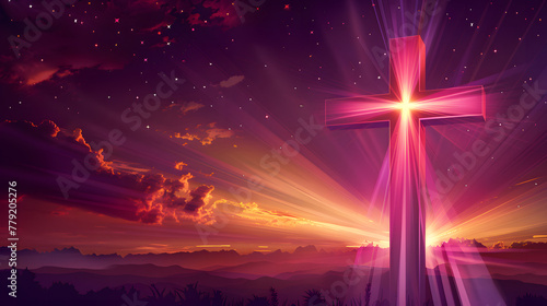 Religious Christian cross shining divine bright purple rays at nighttime, symbolizing hope and peace