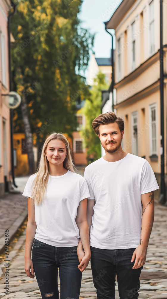 A beautiful couple of blonde models in full growth, on the street of a Swedish city. Front view of young people showing blank t-shirts for your design.