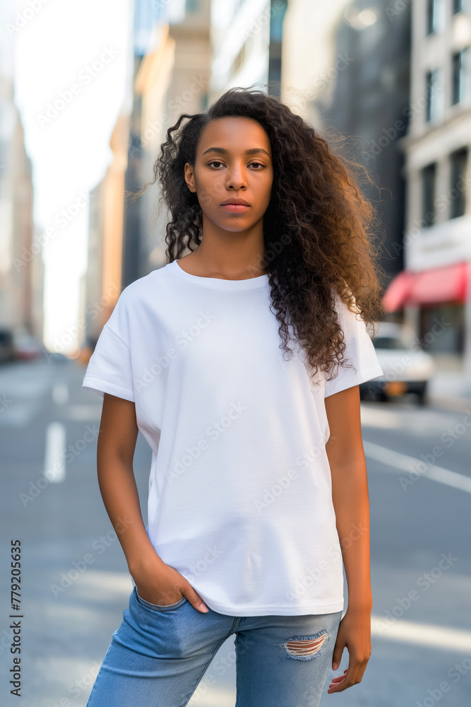 Beautiful black young woman in a white T-shirt mockup against the background of a city street. Full length front view of her showing off a blank t-shirt as a canvas for your design