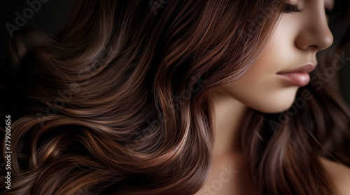 Gorgeous brunette locks flow gracefully, showcasing their natural beauty and shine. A captivating close-up highlighting the allure of well-maintained hair.