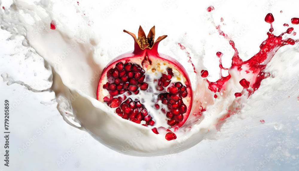 Visual Representation of the Moment a Falling Pomegranate Collides with Water and Milk, Transformed into an Artistic Scene. Slice and splashes. Visual Representation of the Moment a Falling Pomegranate Collides with Water and Milk, Transformed into an Artistic Scene. Slice and splashes.