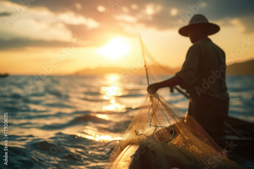 Golden Hour Fishing.A Fisherman Retrieves His Net at Dusk on a Serene Lake