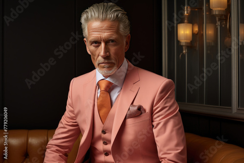 Distinguished Gentleman in Peach Fuzz colore suit Ensemble Poised in Elegant Repose