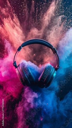 Headphone and vivid color powder. Creative music and festival concept