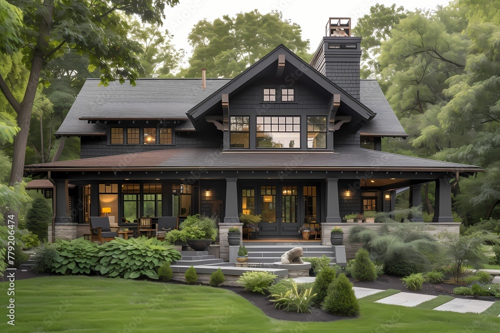 A bold craftsman-style home facade adorned with rich charcoal gray tones, standing out against the lush greenery. A bold craftsman-style home facade adorned with rich charcoal gray tones, standing out against the lush greenery.