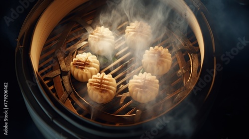 Delicious dumpling dim sum in a bamboo bowl seen from top view.