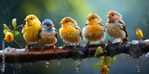 group of european robins sitting on a branch in rain photo