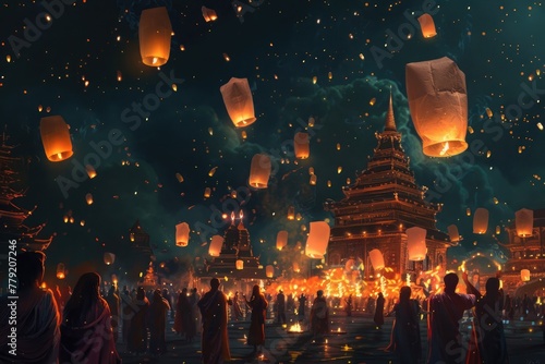 people releasing lanterns into the air at night