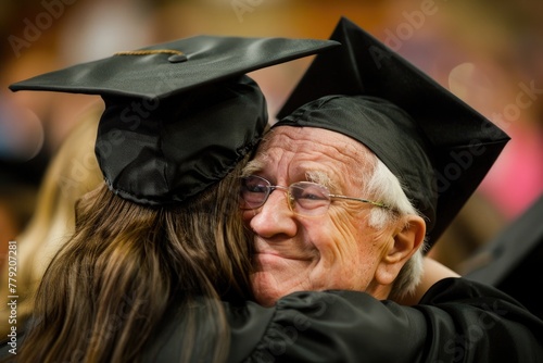 youngest and oldest graduate congratulating hugging each other
