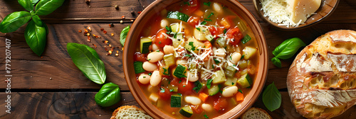 Healthy, Vibrant Minestrone Soup in a Rustic Setting with Fresh Ingredients photo