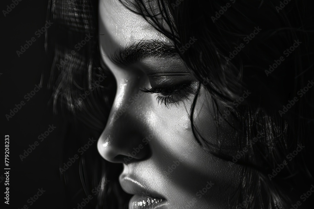 A stunning female portrait in black and white with deep shadows. A stunning female portrait in black and white with deep shadows.