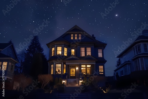 From the sky, a majestic craftsman-style house facade adorned with deep navy blue, standing out against the starry night sky.