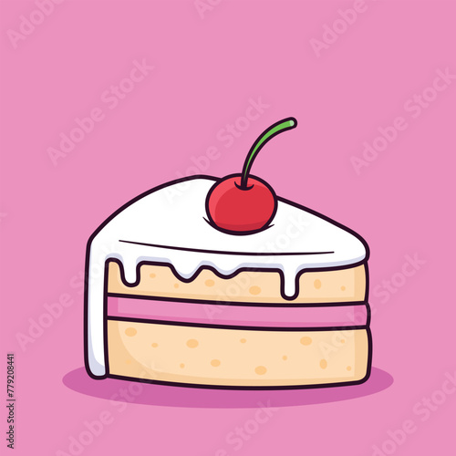 Slice of cake with a cherry on it, cake slice cartoon vecto illustration