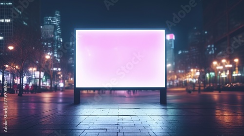 Blank white billboard is luminous in a city street at night time with skyscrapers background.
