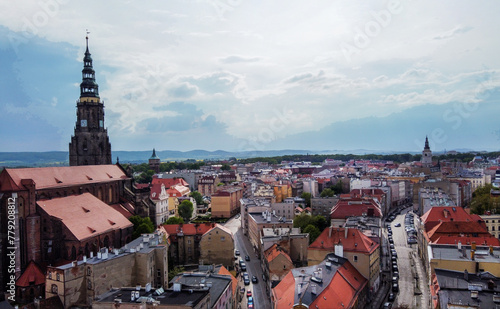 Drone panorama with  St.Stanoislaus and St.Wenceslaus of  Swidnica town on Bystrzyca river photo