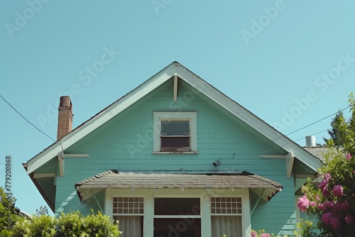 A delightful craftsman house with a pale mint green fa? section ade, offering a refreshing sight against the clear blue sky.