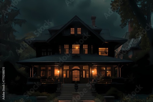 From the sky, a majestic craftsman bungalow exterior featuring deep mahogany, evoking a sense of grandeur in the darkness of the night. © hassan
