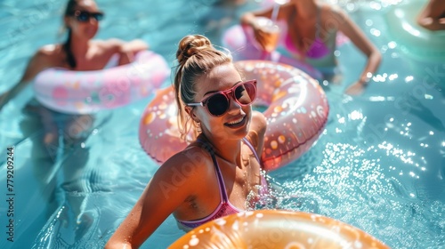 Group of People in Pool With Inflatables